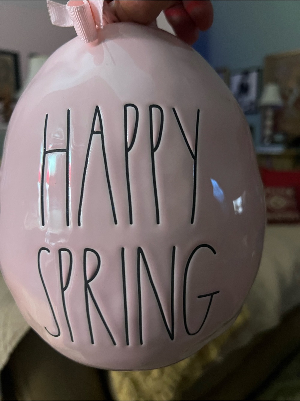 Rae Dunn Pink Ceramic Egg Ornament with 'HAPPY SPRING' Letteringo 9.5” tall